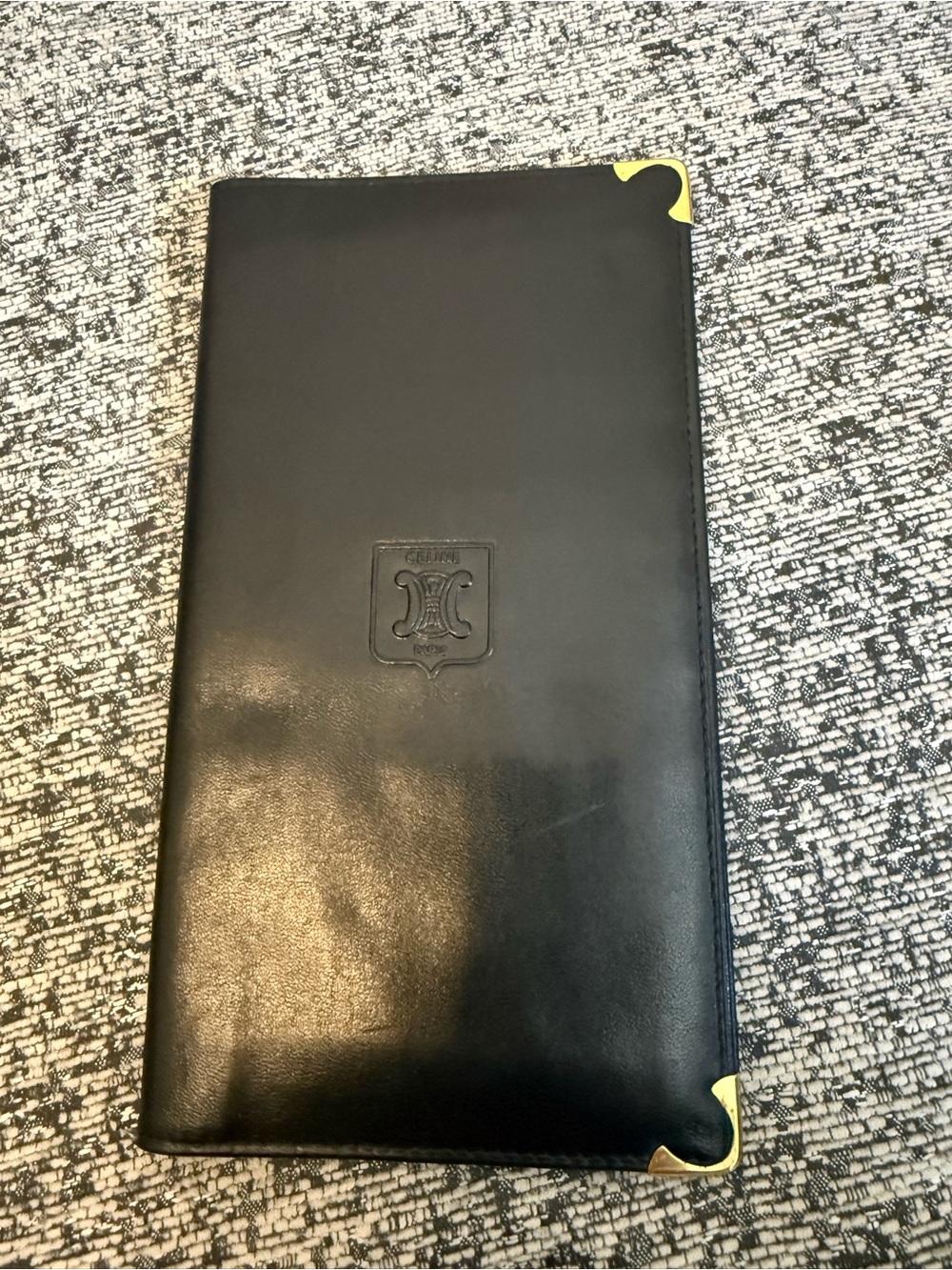 Celine Black Calfskin Leather Long Wallet with Yellow-Gold Corner Accents